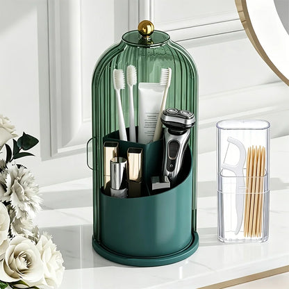 2pcs 360° Rotating Dustproof Makeup Brush Storage Box, Sliding Door Cosmetic Storage Rack + Dental Floss Storage Box