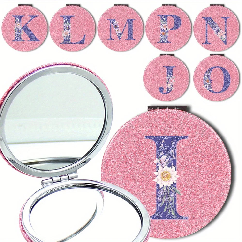 Women Folding Makeup Mirror Facial Beauty Makeup Care Tool Durable PU Surface Waterproof Ideal Party Gift Pink Flower Pattern