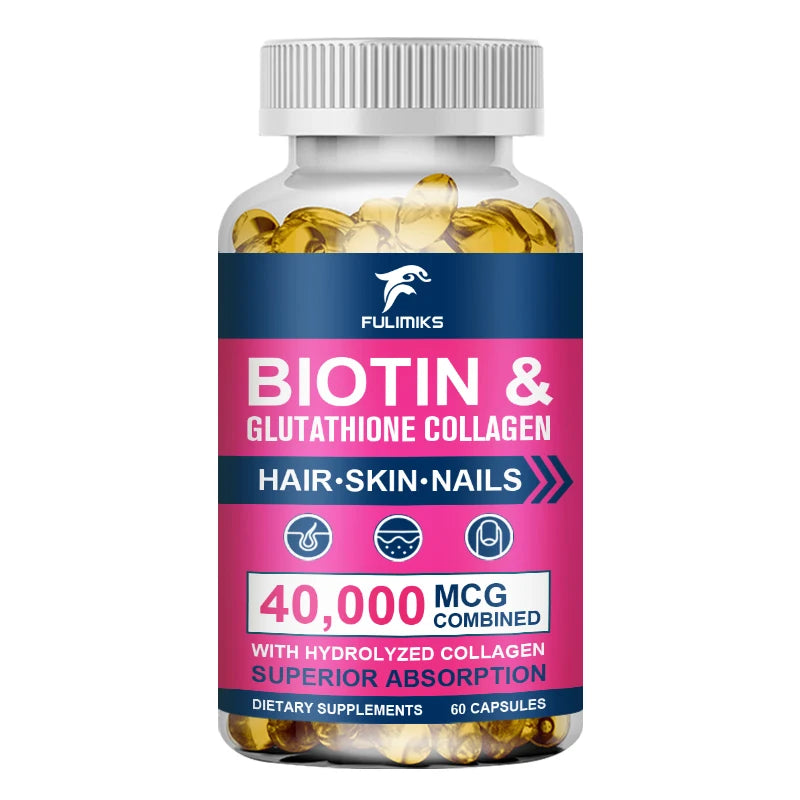 High Biotin 5000mcg Capsules with Hydrolyzed Fish Collagen & MSM, Healthy Hair, Glowing Skin, Strong Nails & Anti-Aging Support