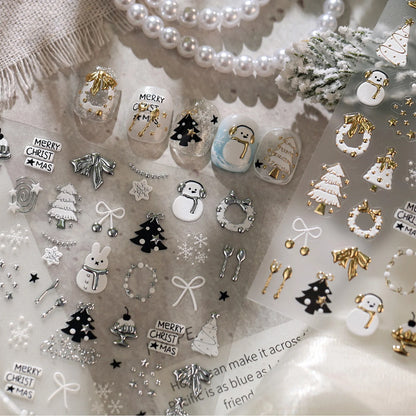 Cute Winter Cartoon Christmas Tree 5D Nail Sticker Snowman Rabbit Bow Pearl Wreath Cake Snowflake Star Self‑Adhesive Nail Decal