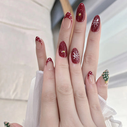 Handmade Short Almond Press On Nails Red Glitter Christmas False Nails Rhinestone Christmas Tree Snowflake Design Reusable 10Pcs