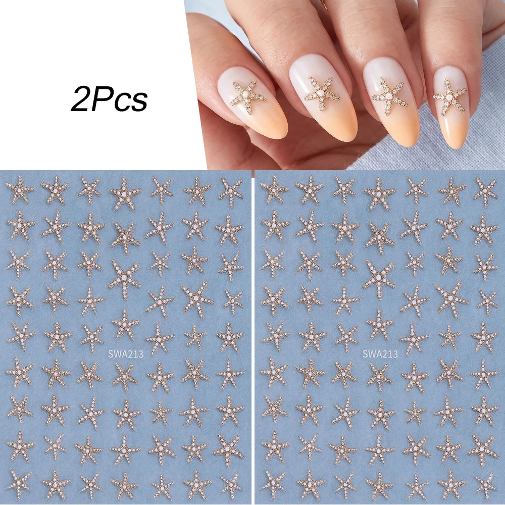 2pcs Summer Sea Star Nail Art Stickers Gold Silver Glitter Shell Starfish Nail Decals for DIY Manicure Soap Nail Decorations