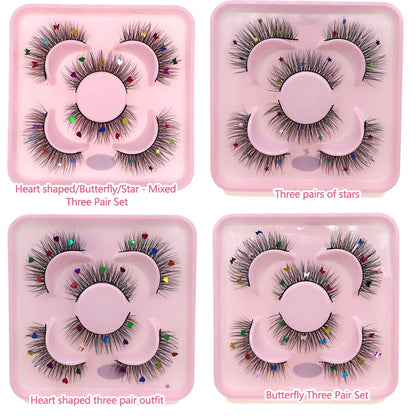 3 Pairs Set Star Butterfly Heart Shaped Sequin False Eyelashes Fairy Wand Party Halloween Christmas Colorful Sequin Eyelashes
