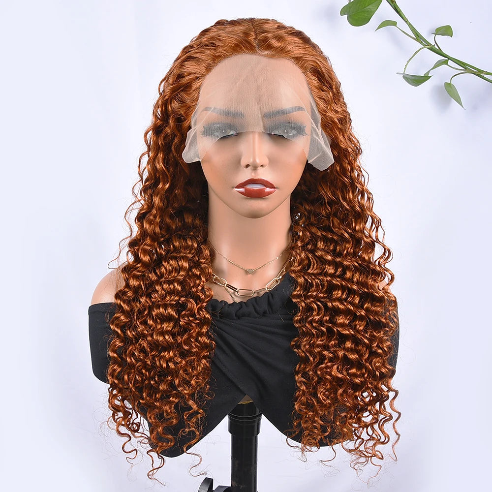 T1B/Orange Deep Wave Lace Closure Wig For Women Ombre Orange Lace Closure Human Hair Wigs With Baby Hair Remy Preplucked HairUGo
