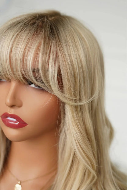 Water Wave Lace Front Wigs with Full Bangs Light Beige Blonde Synthetic Hair Dark Roots Top Wig Fringe Golden Invisible Lace Wig