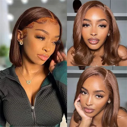 Short 13x4 Lace Front Wig Bob Human Hair Chocolate Brown Straight 200% Density HD Transparent 4x4 Lace Closure Wigs #4 Bob Hair