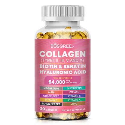 Multi-Collagen Biotin Keratin Skin Care-Women's Collagen Supplement-Hyaluronic Acid,Vitamins C&E- Skin,Hair,Nails&Joint Support