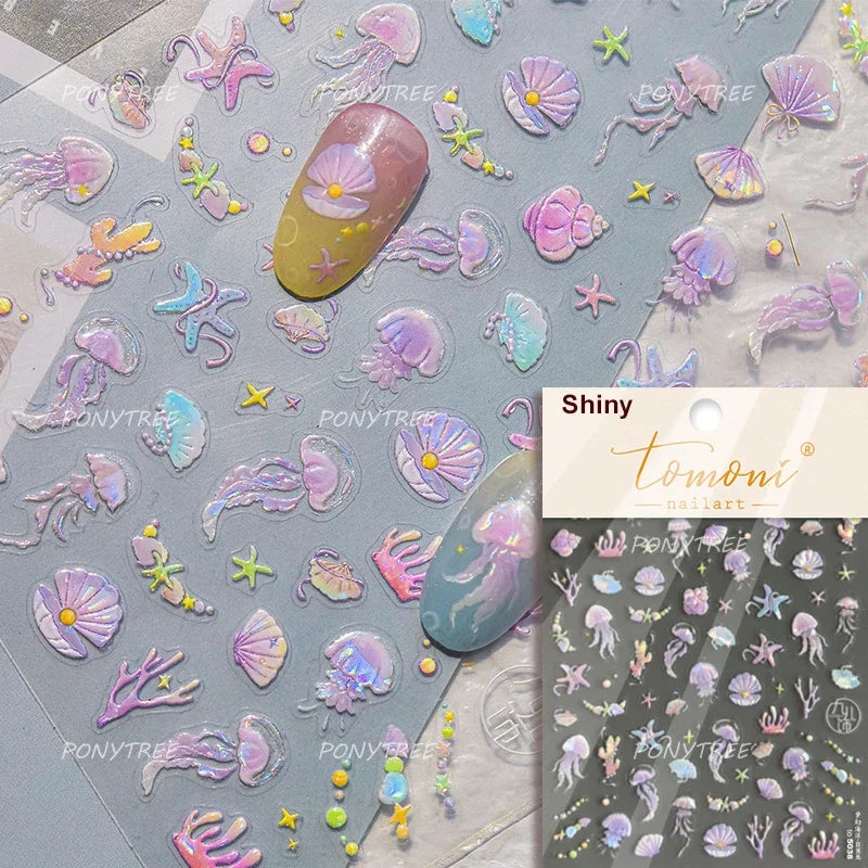 Gold Stamped Shell Conch Scallop Starfish Pearl 5D Embossed Self Adhesive Nail Art Stickers Delicate Ocean Style Manicure Decals