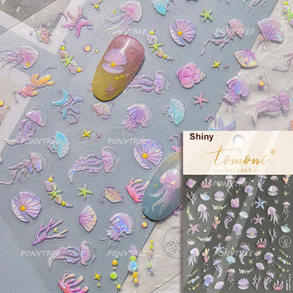 Gold Stamped Shell Conch Scallop Starfish Pearl 5D Embossed Self Adhesive Nail Art Stickers Delicate Ocean Style Manicure Decals