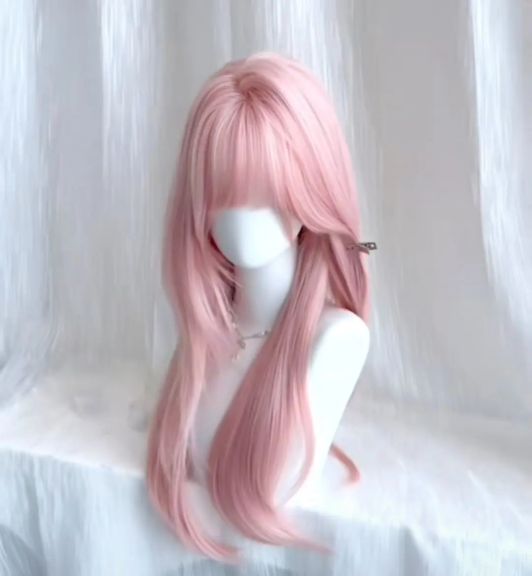 Ashely Pink Wig for Women Hair Wig with Bangs High Temperature Fibers Lolita Cute Layered Wig Synthetic Wigs Headband 가발 Парик