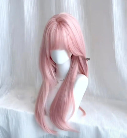 Ashely Pink Wig for Women Hair Wig with Bangs High Temperature Fibers Lolita Cute Layered Wig Synthetic Wigs Headband 가발 Парик