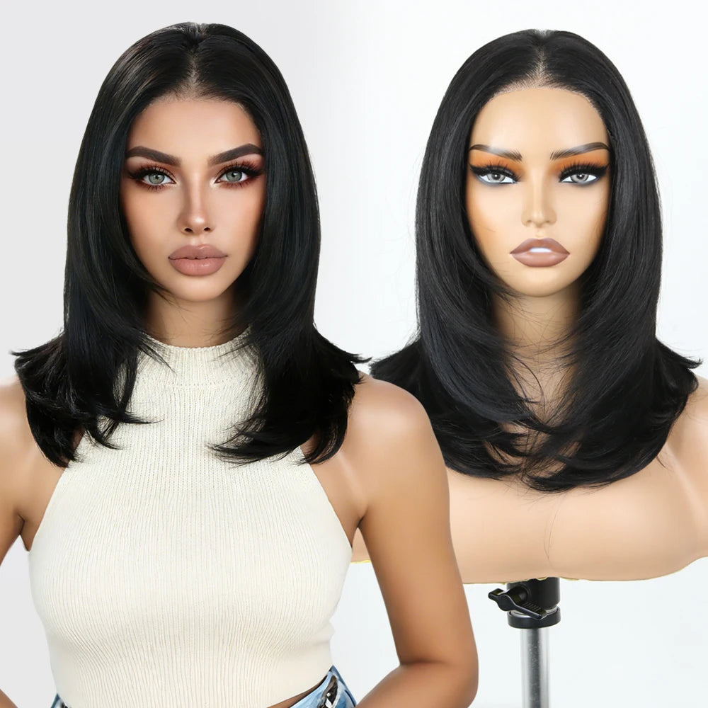 FASHION IDOL 16 Inch 13x3 Lace Front Wigs Synthetic Straight Hair Layered Ombre Brown Free Part Pre-Plucked Bob Wigs for Women