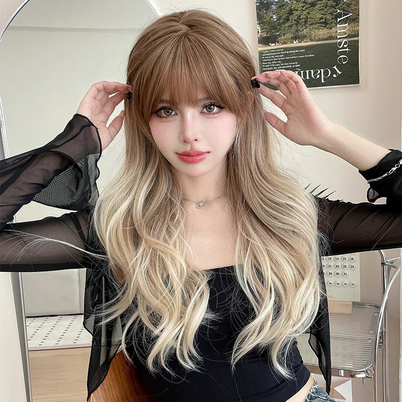 NAMM Costume Wig Synthetic Body Wavy Dark Brown Wig For Women Daily Use High Density Layered Hair Wigs With Fluffy Bangs
