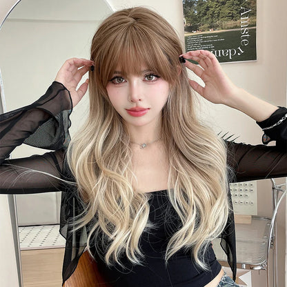 NAMM Costume Wig Synthetic Body Wavy Dark Brown Wig For Women Daily Use High Density Layered Hair Wigs With Fluffy Bangs