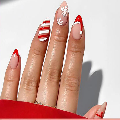 24Pcs Red Christmas Fake Nails Cute Santa Claus Reindeer & Snowflake Designs Artificial Nails Glossy Short Oval Press On Nails