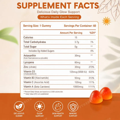 Tanning Gummies for Women, Sunless Bronzing Glow Support, Vegan Sugar-Free, Non-GMO, Astaxanthin & Lycopene, 60 Count