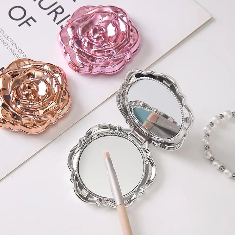 Portable Mini Mirror Retro Rose Flower Shape Small Pocket Makeup Mirror Double Sided Hand Mirrors Compact Cosmetic Beauty Girls
