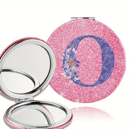 Women Folding Makeup Mirror Facial Beauty Makeup Care Tool Durable PU Surface Waterproof Ideal Party Gift Pink Flower Pattern