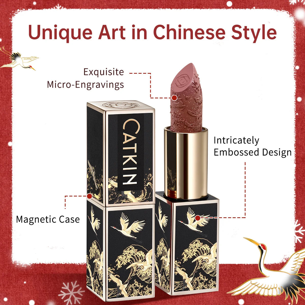 CATKIN Christmas Limited New Year's Lipstick for Lips CATKIN Moisturizing with Golden Glosses, Tone CP170 Crimson Pink, 3.6 G