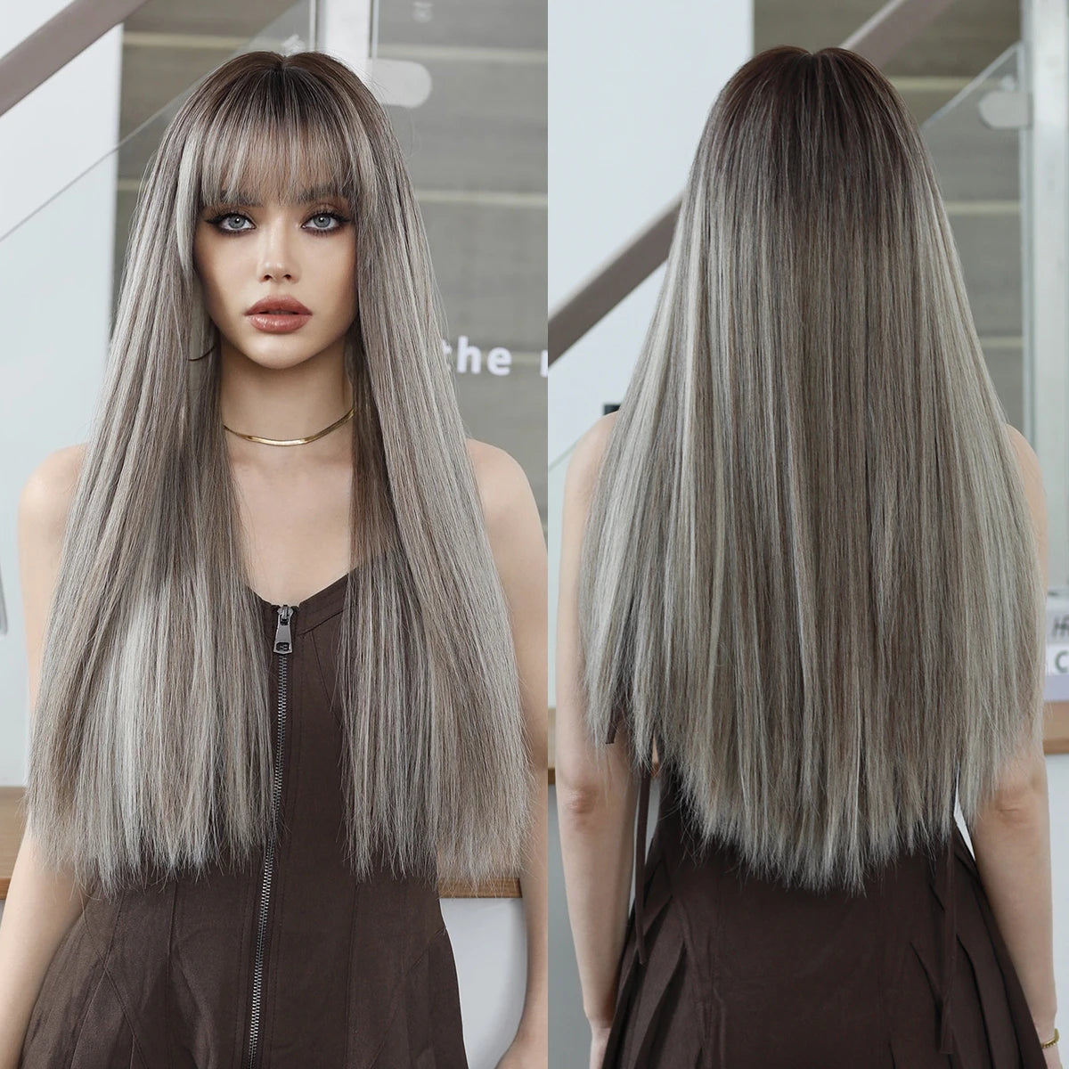 Long Straight Light Blonde Wig for Women Daily Party Highlight Brown Synthetic Layered Hair Wigs with Bangs Halloween Cosplay