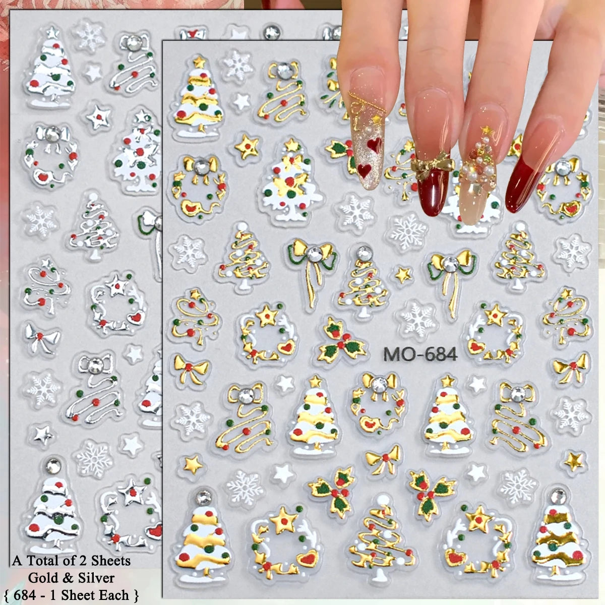 2 to 12 Sheets 5D Gold Silver Christmas Nail Decals Crystal Rhinestone Snowflake Xmas Tree Self Adhesive Nail Art Stickers