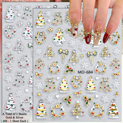 2 to 12 Sheets 5D Gold Silver Christmas Nail Decals Crystal Rhinestone Snowflake Xmas Tree Self Adhesive Nail Art Stickers