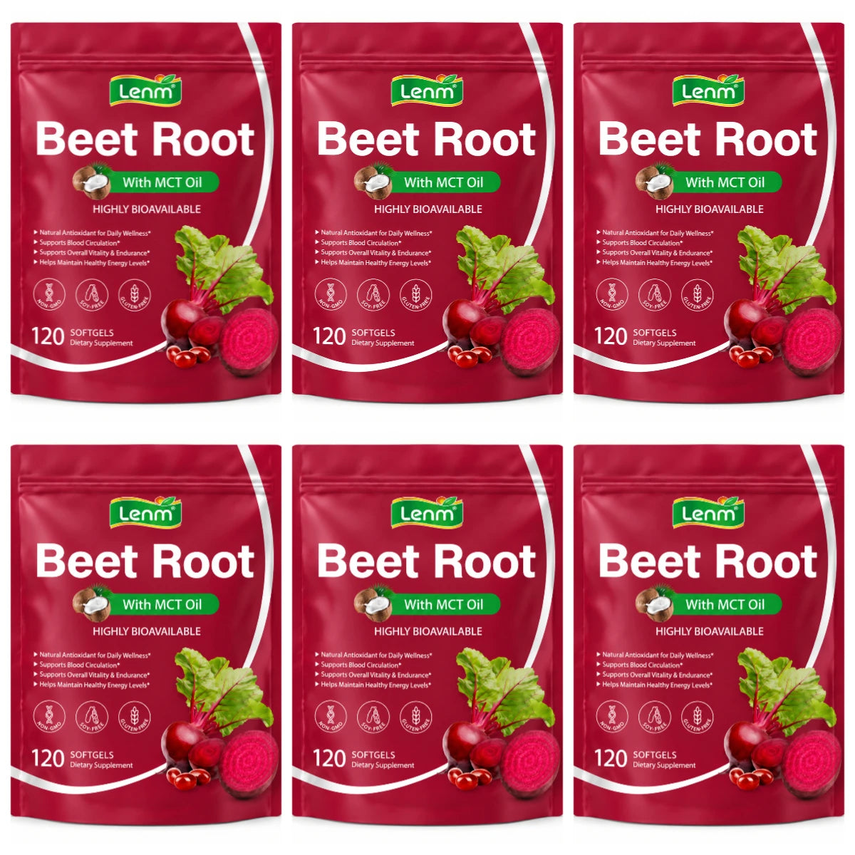 Lenm Beet Root Softgels Natural Antioxidant Supplement for Blood Circulation Vitality & Endurance Support with MCT Oil 120 Count