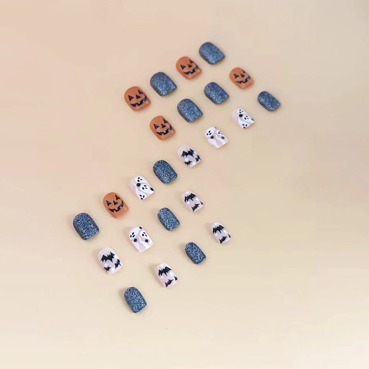 24pcs Halloween Fake Nails With Black Ghost Bat Pumpkin Design Wearable Colorful Glitter Short Square False Nails Press On Nails