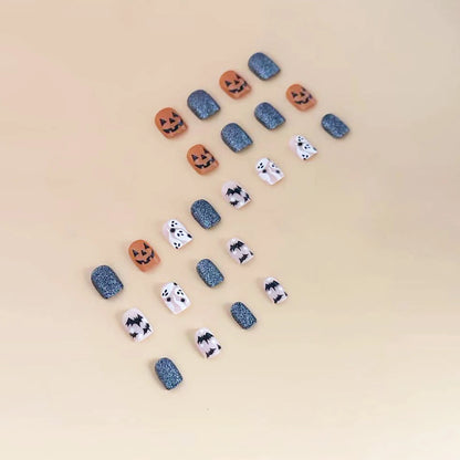 24pcs Halloween Fake Nails With Black Ghost Bat Pumpkin Design Wearable Colorful Glitter Short Square False Nails Press On Nails