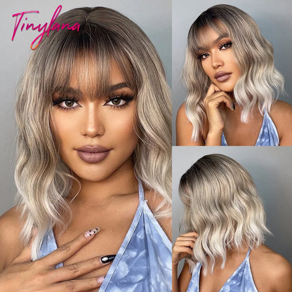 Curly Short Bob Brown Wavy Synthetic Wigs with Bangs Lolita Cosplay Brown Wig for Women Natural Daily Party Hair Heat Resistant