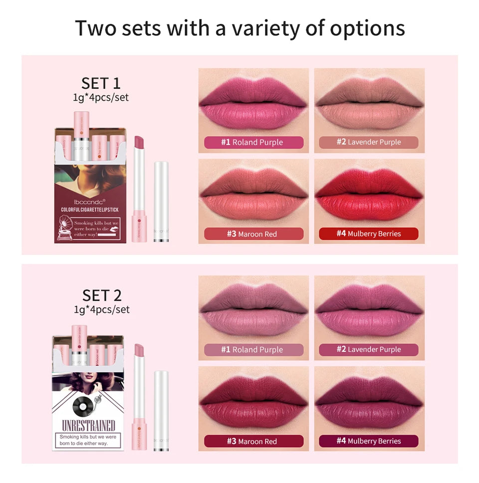 4 Pcs Cigarette Lipstick Set Matte Lip Gloss Long Lasting Waterproof Nude Lip Tint Lip Stick Tube Cosmetics Christmas Gift