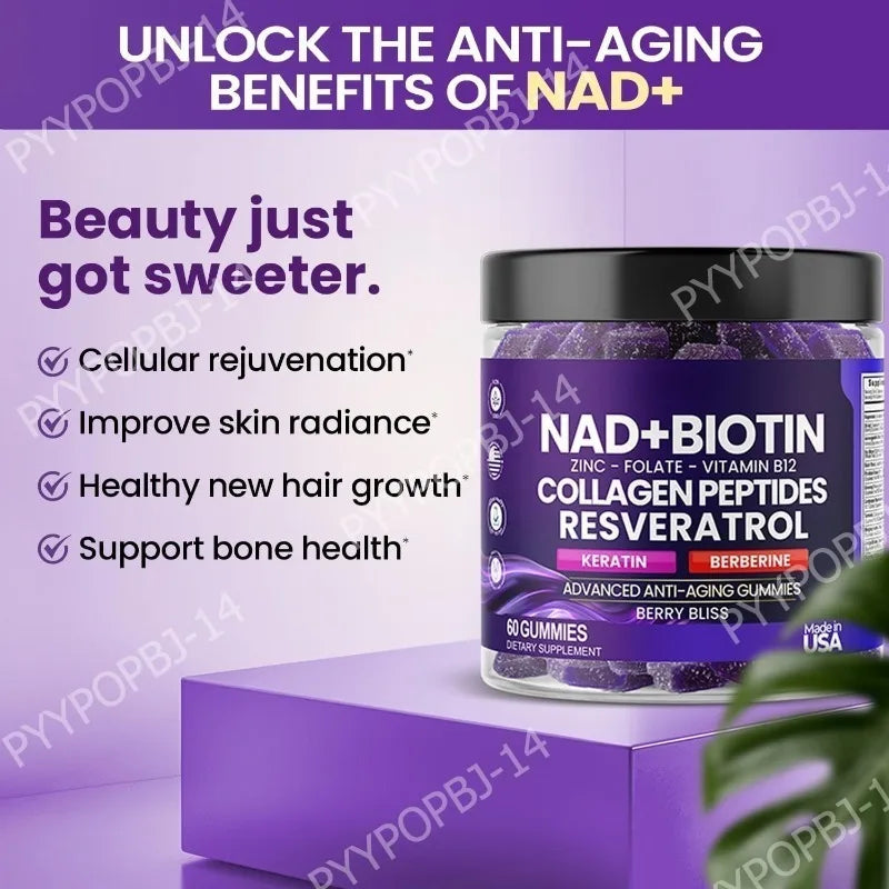 Biotin Collagen Gummies with NAD+ Resveratrol Vitamin D3 K2 Zinc Daily Beauty Wellness Supplement 60 Count Berry Flavor