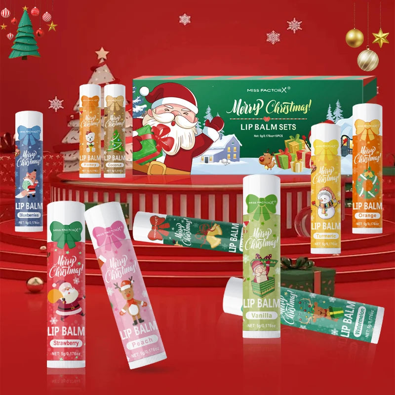 Christmas Lip Balm Set 10Pcs Multiple Flavors Moisturizing Nourishing Dry Lip Care Portable Holiday Gift Lip Balms