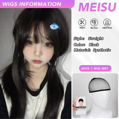 MEISU 26 Inch Synthetic Straight Wigs Side Swept Bangs Hair Black Tea Heat-Resistant Natural And Smoot Daily Wear For Women