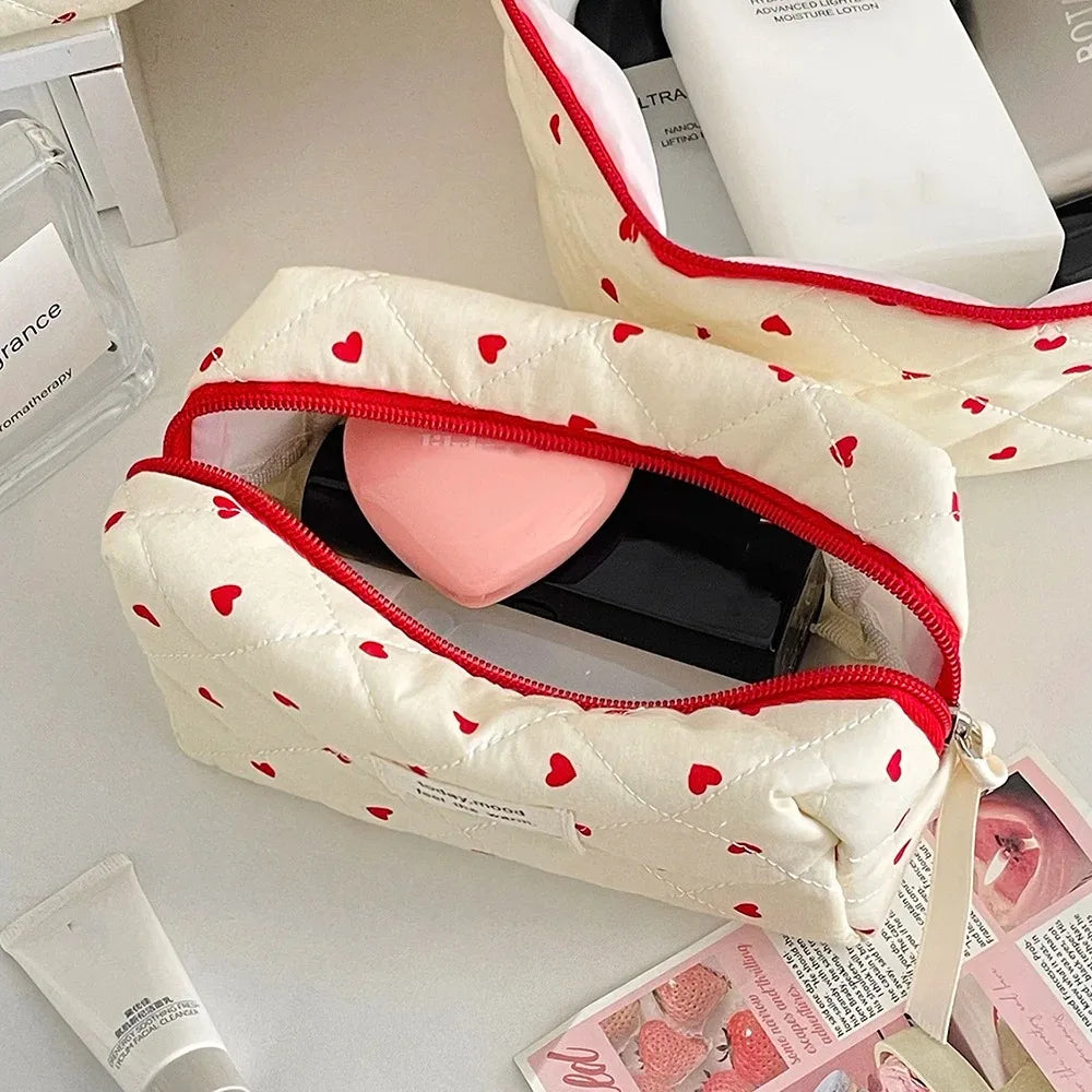 1PC Pink Strawberry Women Cosmetic Quilted Bag Portable Travel Organizer Toiletry Makeup Storage Pouch Handbag Ladies Zipper Bag