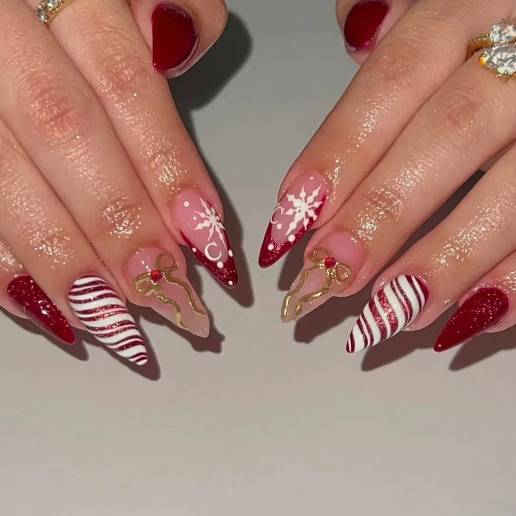 24PCS Christmas Red Almond Press on Nails Sweet 3D Gingerbread Man Xmas Tree Snowflake Design False Nails Wearable Acrylic Nails