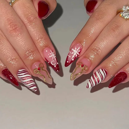 24PCS Christmas Red Almond Press on Nails Sweet 3D Gingerbread Man Xmas Tree Snowflake Design False Nails Wearable Acrylic Nails