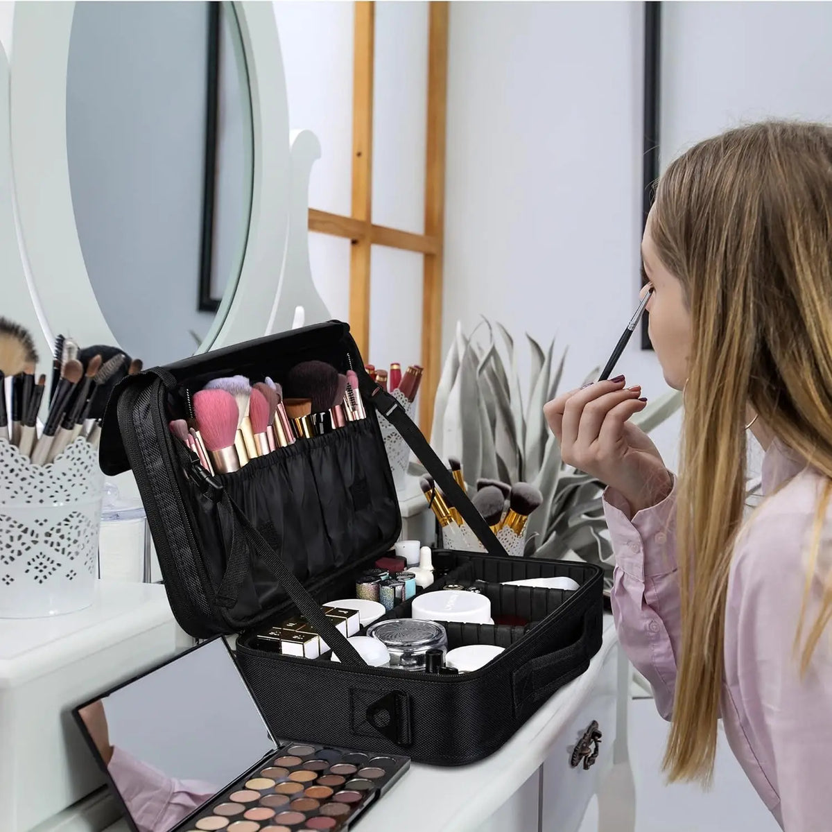 Large capacity travel makeup case, portable artist organizer with adjustable dividers and shoulder strap for toiletries jewelry