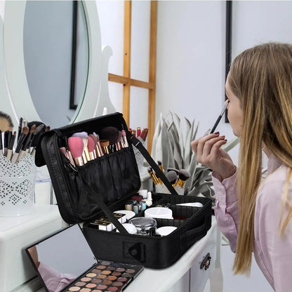Large capacity travel makeup case, portable artist organizer with adjustable dividers and shoulder strap for toiletries jewelry