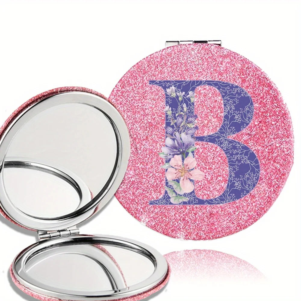 Women Folding Makeup Mirror Facial Beauty Makeup Care Tool Durable PU Surface Waterproof Ideal Party Gift Pink Flower Pattern