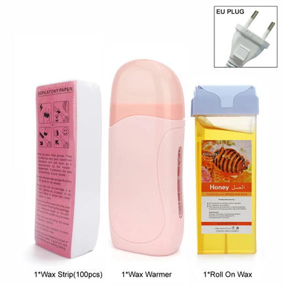 Women Home Hair Removal Kit Roll on Wax Warmer Honey Roller Wax Cartridge 100Pcs Depilatory Wax Strips Body Leg Arm Waxing Set