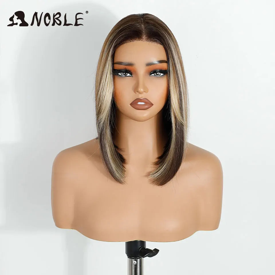 Noble Synthetic Lace Front Wigs For Women 12 Inch Pre Plucked Pre-Cut Ombre Brown Blonde Straight Layered Bob Wig Cosplay Wig