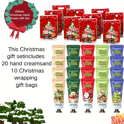 20 PCS Christmas Hand Cream +10 PCS Gift Bags Set, Christmas Gift Kit, Hand Cream with Aloe & Vitamin E, Cream Texture