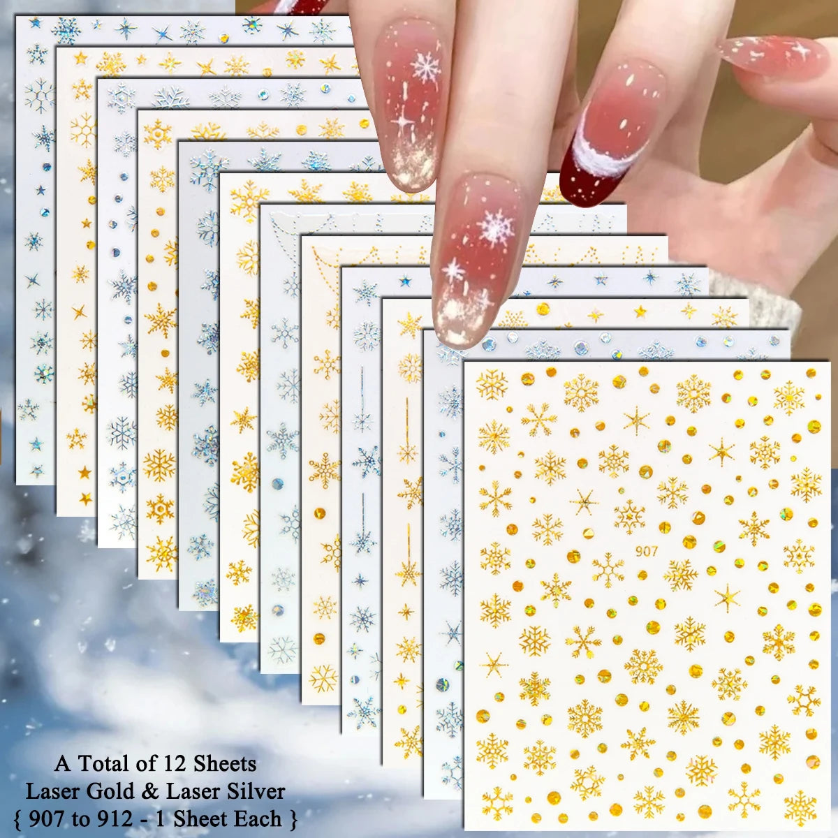 4 to 24 Sheets Xmas Snowflake Gold Silver Blue Holographic Self-Adhesive Winter Christmas Decor DIY Manicure Nail Art Stickers