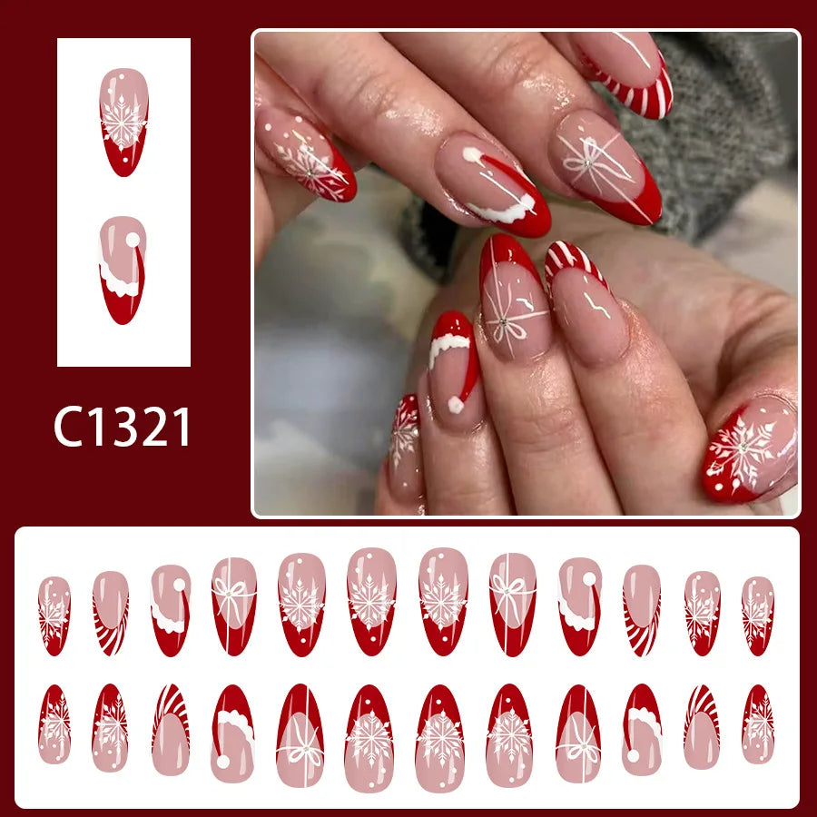 24PCS Red French Pointed Nails Christmas Fake Nails With Snowflake Christmas Hat Design, Artificially Adhered To The Nails