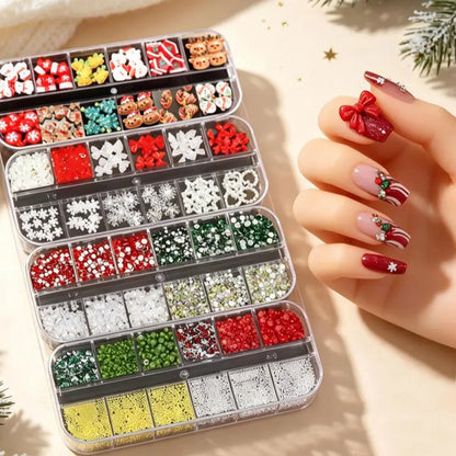 4Box Christmas Nail Charms 3D Snowman Santa Claus Elk, White Snowflakes Red Bow Red & Green Rhinestones Metal Caviar Beads Nails
