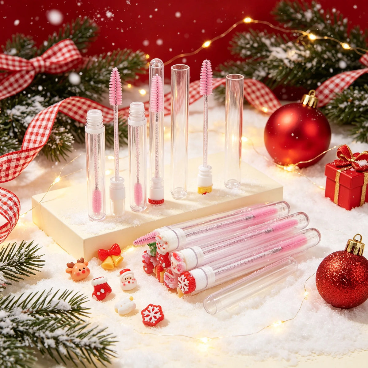 60Pcs Christmas Eyelash Brush with Tube Replaceable Mascara Wand Spoolie Dustproof Lash Tech Supplies Reusable Eyebrow Xmas Gift