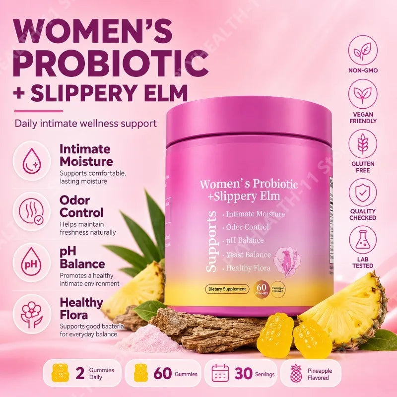 Feminine Wellness Probiotic Gummies with Slippery Elm PH Balance and Flora Support for Women Pineapple Flavor 60 Count