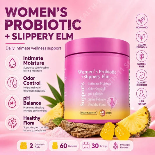 Feminine Wellness Probiotic Gummies with Slippery Elm PH Balance and Flora Support for Women Pineapple Flavor 60 Count