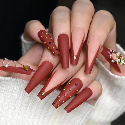 24pcs Red White French Line Christmas Sweet False Nails With Snowflake Rhinestone Starburst Design Pink Almond Press On Nails